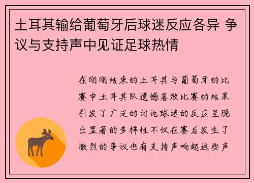 土耳其输给葡萄牙后球迷反应各异 争议与支持声中见证足球热情