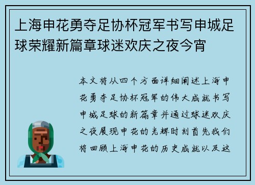 上海申花勇夺足协杯冠军书写申城足球荣耀新篇章球迷欢庆之夜今宵