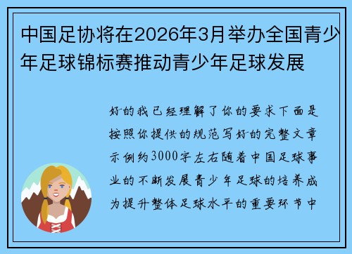 中国足协将在2026年3月举办全国青少年足球锦标赛推动青少年足球发展