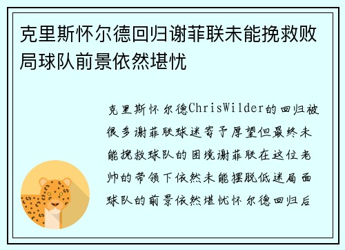 克里斯怀尔德回归谢菲联未能挽救败局球队前景依然堪忧 克里斯怀尔德回归谢菲联未能挽救败局球队前景依然堪忧