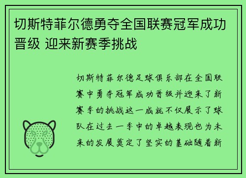 切斯特菲尔德勇夺全国联赛冠军成功晋级 迎来新赛季挑战 切斯特菲尔德勇夺全国联赛冠军成功晋级 迎来新赛季挑战